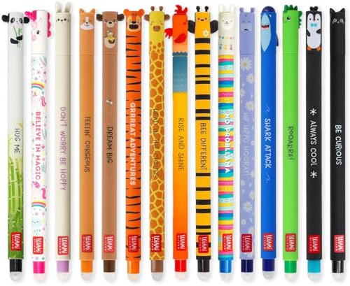 LEGAMI - Set mit 15 löschbaren Gelstiften mit thermosensitiver Radier-Tinte, Auswahl an Tintenfarben & Schaftdesigns, 0,7 mm Spitze, Tierdesigns, Panda, Huhn, Dino usw