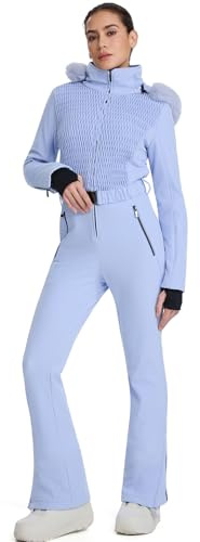 YEEFINE Women's One Piece Ski Suit Waterproof Snowsuits Insulated Snowboard Snow Suits Jacket Outfits Slim Fit Jumpsuits(Blue,L)