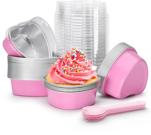 STN Mini Heart Shaped Cake Pans 100 ml/ 3.4 Ounces Heart Aluminum Foil Cupcake Pans 50pcs Valentine's Day Baking Cups With Lids Spoon for Valentine Mother's Day Birthday Wedding (Pink)