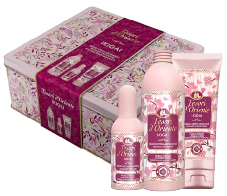 Tesori d'Oriente Set Regalo, Bagnocrema 500 ml, Doccia 250 ml e Profumo Aromatico 100 ml, Fragranza Ikigai, Confezione Regalo, Scatola in Latta