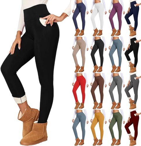 Generisch Thermo Leggings Damen mit Taschen Leggings Gefüttert Winter High Waist Fleece Warme Leggins Blickdicht Schwarz Sport Thermounterwäsche Laufhose Yogapants Thermohose Winter Thermoleggings