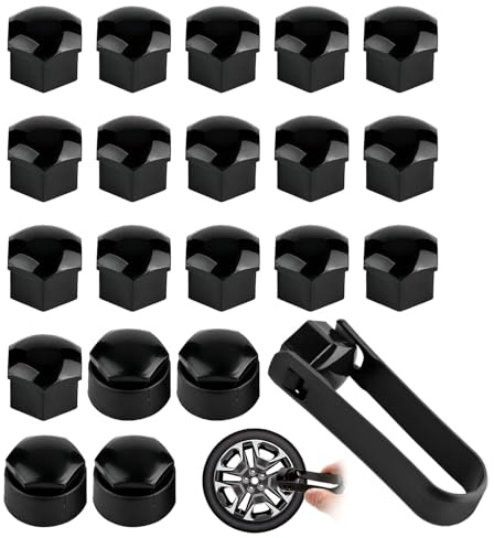 Nocecfi 20 Pcs 17mm Black Wheel Nut Covers with Handy Removal Tool - Comprising 16 Standard and 4 Locking Bolt Caps Hub Screw Covers, Universally Suitable for Most Car Models