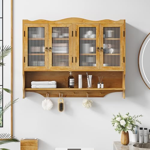 Ligterra 100 cm Hängevitrine, Hängeschrank Küche, Shabby Chic Hängeschrank mit 4 Türen, Zwei Ablage Ebenen und Offener Hakenleiste, Geeignet für Badezimmer, Küchen und Esszimmer(Natur)