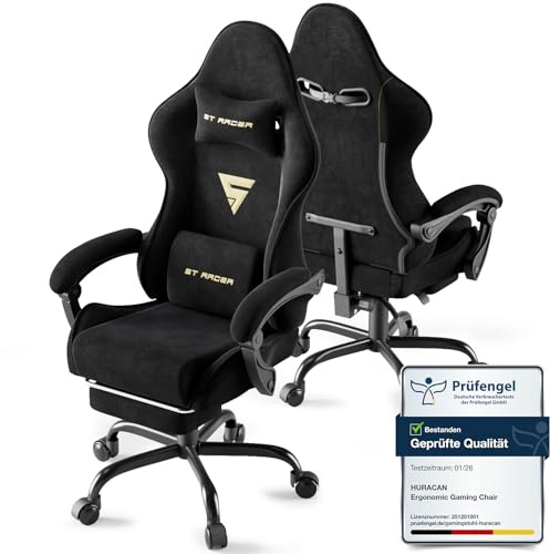 Huracan Gaming Stuhl Ergonomisch, Gaming Chair mit Massage-Lendenkissen, Gaming Sessel Verstellbare Rückenlehne Mit Kopfstütze & Fußstütze, Höhenverstellbarer Gamer Stuhl, 130kg Tragkraft, Schwarz