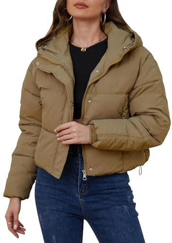 Doudoune courte pour femme d'hiver chaude matelassée à capuche avec fermeture éclair doudoune courte chaude matelassée manteau d'extérieur, marron, M