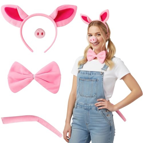 ZocRjvN 4 Stück Schwein Kostüm, Tierkostüme Für Erwachsene, Fasching Kostüm Pink, Schweinemaske Und Wildschwein Kos-tüm Für Fasching Und Partys