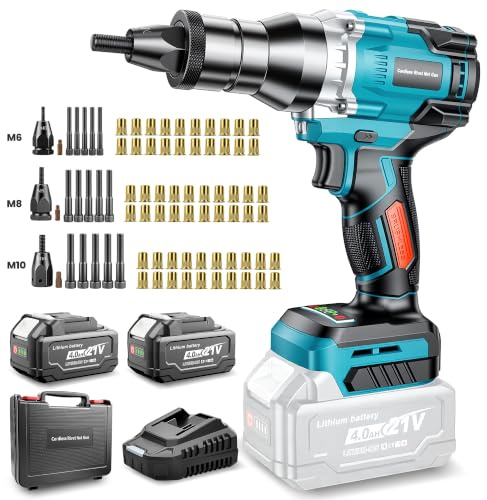 YEARTOP Pince a Insert Fileté Sans Fil Compatible avec Batterie Makita 18V | Mandrins M6/M8/M10, Modes Auto/Manuel, Brushless Pince à Riveter Électrique avec 2x 4000mAh Batteries pour Réparation Auto