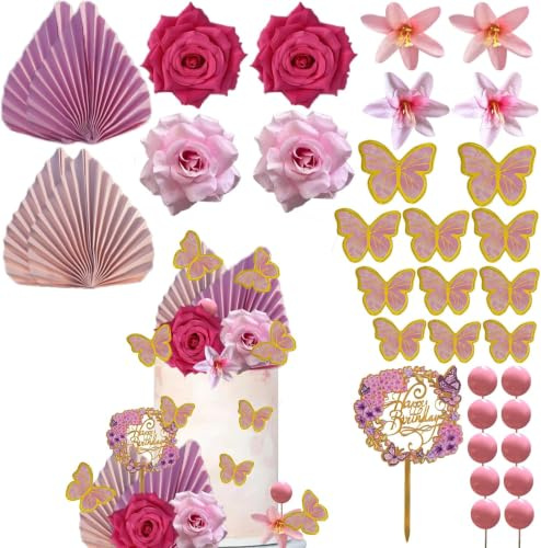 Boho Tårtdekoration blommor, 34 stycken tårtdekorationer födelsedag tårtdekoration, med tårtdekorationer kulor, Happy Birthday-tårtdekoration, fjärilar dekorativ tårta, blommor, palmblad, för