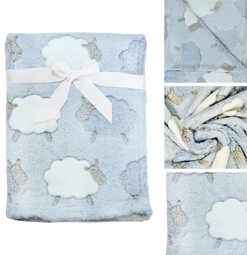 E&A Distribution Limited Baby Blanket for Newborn Soft Fleece Baby Blanket in Grey and Blue Sheep Design 75 x 100cm for Babies- Soft Plush Blankets Pushchair Cot Bed Blanket for Baby Boy & Girl