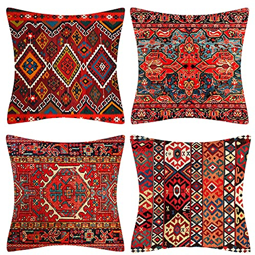 DecorMommt Dekorative Kissenbezüge 40 x 40 cm 4er Set Stammes-Abstraktes Rot Orientalisch Kissenbezug Teppich Muster Kissen Dekokissen Böhmischen Kissenhüllen Leinenkissen Sofa Deko