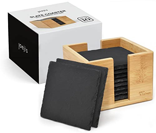 Joeji's Kitchen 10er Set Stein Schiefer Untersetzer für Getränke mit Bambus Halter - Hitzebeständige und stylische Getränke - Vielseitige Schwarze Glasuntersetzer Schiefer für Getränke, Öl & Vasen
