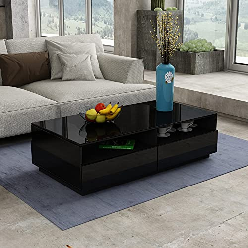 LED Couchtisch für Wohnzimmer, Beistelltisch Moderner Holztisch für Zuhause | Schwarz Glanz Kaffeetisch, 4 Schubladen mit Stauraum