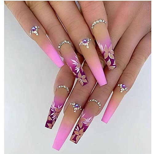 BSLVWG Künstliche Nägel Lange Kunstnägel Goldfolie Press on Nails Ballerina Acryl Stick on Nails 24 Stück für Frauen und Mädchen (05)