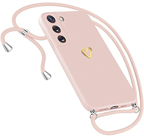 Handykette Hülle für Samsung Galaxy S21 - Necklace Case mit Herz Motiv Muster, Ultradünn mit Band Kordel zum Umhängeband (Rosa)