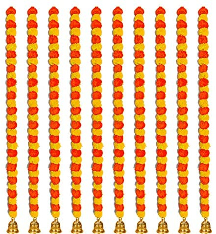 5 Stück handgefertigte künstliche Ringelblumen-Blumen für Dekoration, lange Blumengirlanden für Türdekoration, Toran-Genda-Phool für Hochzeit/Festivals, 150 cm, mit Glöckchen