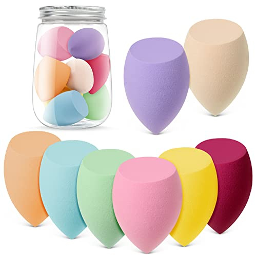 AUAUY Set med 8 st makeupsvampar, skönhetssvampar, sminksvampar för foundation, flerfärgad makeupsvamp set med 1 hållare, 1 förvaringstank, för vätska, grädde och pulver (lutande snittstil)
