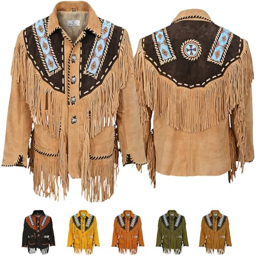 German Wear Westernjacke Herren aus Echtem Rindsleder Cowboyjacke mit Fransen Perlenstickerei Knopfverschluss Polyesterfutter Traditionelles Western Design