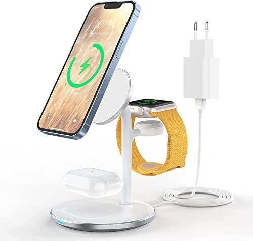 Stazione di ricarica induttiva, 3 in 1 senza fili, compatibile con caricabatterie Mag Safe per iPhone 14/13/12/11/Pro/Max, Apple Watch 7/6/5/4/3/2/SE, AirPods 3/2/Pro
