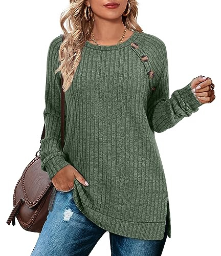 Aokosor Long Sleeve Tops Women Lightweight Jumpers Ladies Button Side Splits Tunic Green Size 14-16 St Patricks Day Outfits
