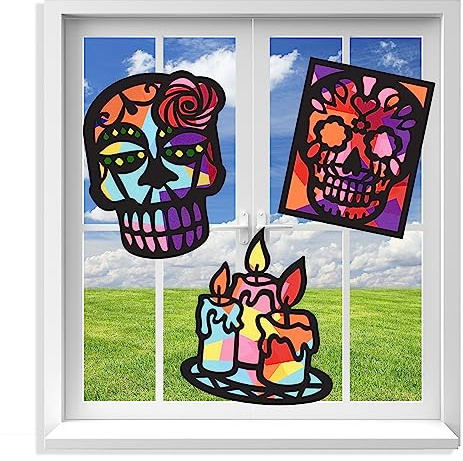 VHALE Suncatchers Craft 3 Sets (9 Cutouts) w Tissue Papers Stained Glass Effect Paper Sun Catcher Kit, Window Art, Classroom Crafts, Creative Art Projects, Kids Party Favors (Day of The Dead)