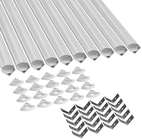 LED-Profil, 10 x 40CM V-Form LED-Aluminiumprofil mit Milchiger PC Abdeckung, Endkappen und Montageklammer für LED-Streifen (10 PACK)