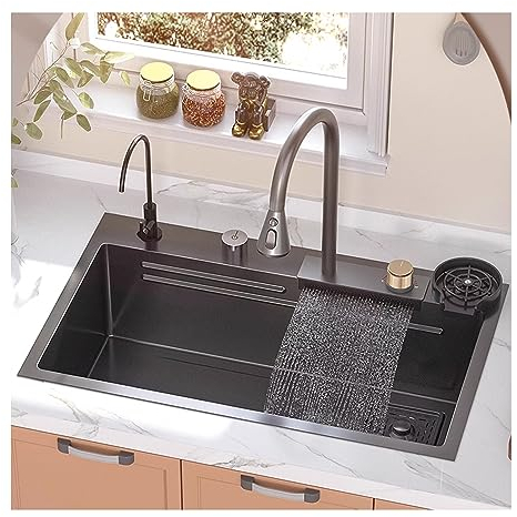 Waterfall Küchenspüle Küche Edelstahl Spülbecken Schwarze Spüle mit Glaswaschbecken, Einzelbecken-Unterbau-Barspüle aus Edelstahl mit kombiniertem Wasserhahn aus Glas für Bar, Waschküche, Garage (Col