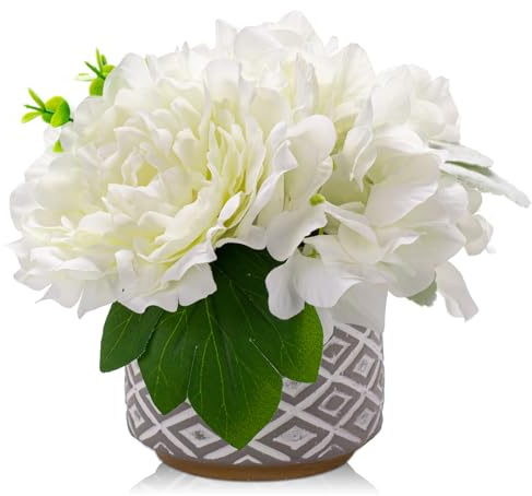 Hollyone Fleurs artificielles en pot - Pivoines en soie blanche - Arrangements floraux artificiels avec pot en ciment pour décoration d'intérieur, mariage, centre de table, salon, bureau, salle de