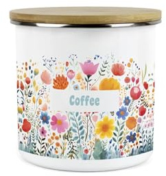 Purely Home Floral Meadow Coffee Storage Canister - Bright Floral White Metal Enamel Medium Sized Kitchen Food Storage Container