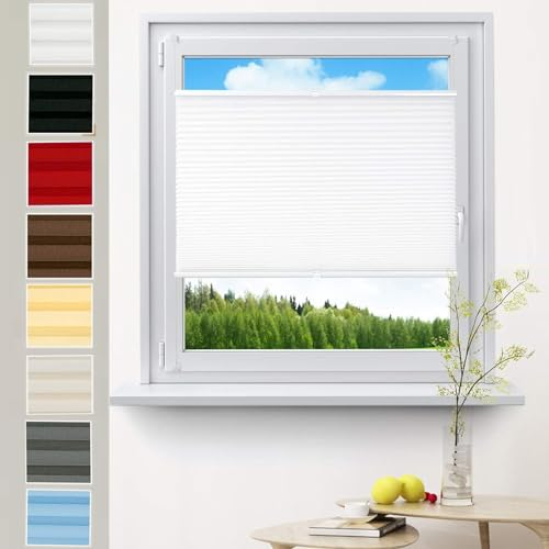 Plissee ohne Bohren nach maß, 90 x 200 cm Blickdicht Sichtschutz Sonnenschutz Rollo für Fenster Easyfix Plisseerollo Rollo für Fenster & Tür für Fenster ohne Bohren, Weiß