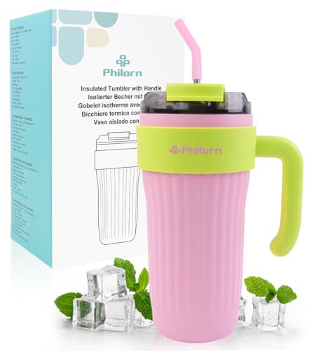 PHILORN 800ml Mug Isotherme avec Poignée et Paille 316 Acier Inoxydable Tasse Isotherme de Voyage à Double Parois pour Voiture Travail Sports