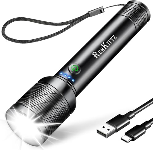 REHKITTZ Torcia LED Ricaricabile,2200 Lumen (Batteria Incorporata di Grande Capacità), Torcia Potente con Visualizzazione della Potenza, 5 Modalità di Illuminazione, Zoomabile(1 Pezzo)