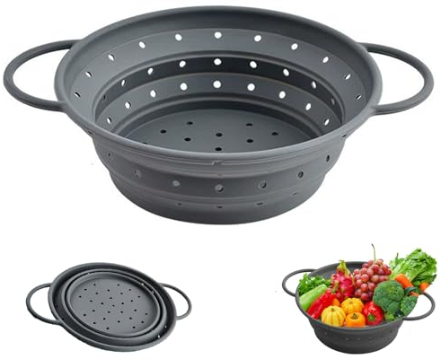 Colador, Cocina Plegable Colador,Silicona Escurridores Plegables Canasta, Escurrir Pasta, Verduras, Frutas,Tamiz de silicona, 21,5cm, Gris