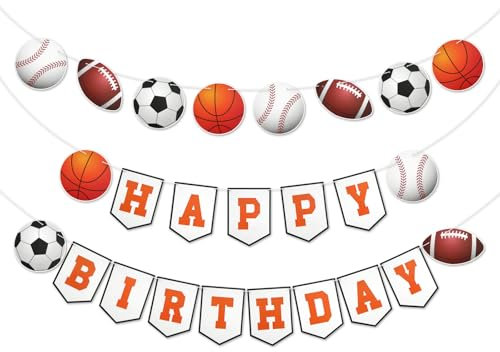 PEUTIER 3 Pezzi di Striscioni di Compleanno Sportivi, Striscioni Sportivi di Basket Baseball Calcio Rugby Decorazioni per Feste di Compleanno Sportive