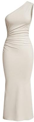 SweatyRocks Damen Kleid Elegant Maxikleid Lang Bleistiftkleider Bodycon Fishtail Kleid Gerafftes Kleid mit Asymmetrischem Ausschnitt Aprikosenfarben M
