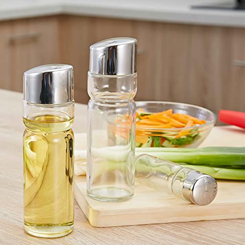 ZJchao Seasoning Bottle Set, Condiment Holder Seasoning Rack Four-in-One Oil Vinegar Dispensers Salt Pepper Shakers Glass Cruet Set with Convenient Caddy Stand Stainless Steel Tops