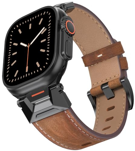 Bouixel Lederarmband für Apple Watch Ultra Armband 49mm 46mm 45mm 44mm 42mm | Echtes Leder Robustes Band mit Metallanschluss,Ersatzbänder Damen Herren für iWatch Ultra 3/2/1 Series 11 10 9 8 7 6 5 4 SE