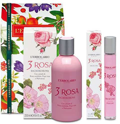 Erbolario - Confezione Regalo 3 ROSA DUO In Scatola Originale Decorata - Bagnoschiuma da 250 ml + Profumo da 15 ml