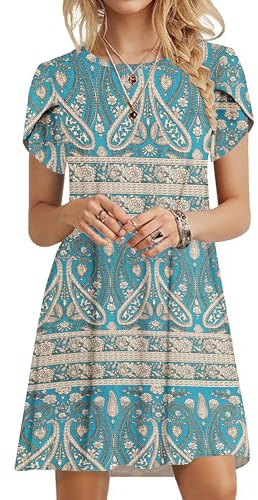 PLOKNRD Robe D'été Femme Manches Pétales T Shirt Robe A-Line Casual Robe col Rond Décontractée Chic et Elegant Robes(Fleurs Vertes Boho,M