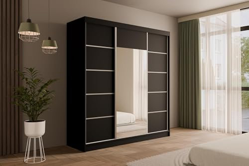 ALTDECOR Kleiderschrank mit Spiegel und Schiebetüren, Garderobenschrank mit viel Stauraum, Schwebetürenschrank, Schrank V2-Linea 215x200 cm Schwarz