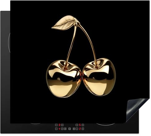 KitchenYeah© Protège Plaque Induction Deco Cuisine Accessoire Pratique | 59x52 cm - Protection De Vitroceramique Kitchen Gadget Cerises - Noir - Or - Chrome
