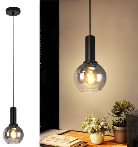 CBJKTX Hängelampe Vintage Pendelleuchte Esstisch 1Flammig Hängeleuchte | Glas Schwarz Esszimmerlampe Industrial E27 Pendellampe Höhenverstellbar Esstischlampe für Wohnzimmer Küche ohne Leuchtmittel