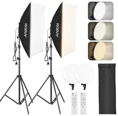 Andoer Set de Softbox Estudio Fotográfico, Softbox Luz 2 × 50 × 70 cm con 2 × 80 W LED bicolor, 2 × trípodes, 2 × mando a distancia