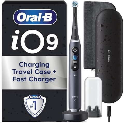 Oral-B iO 9 Cepillo de Dientes Eléctrico con 1 Cabezal, Negro - Cepillo Dental con Sensor de Presión, 7 Modos de Cepillado con Blanqueamiento Dental, Carga Rápida, Estuche Cargador de Viaje