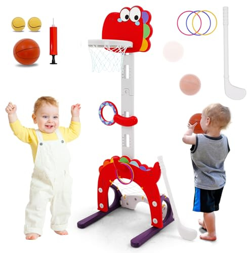 4-in-1 basketkorg för barn, justerbar höjd 100–120 cm, bärbar basketkorg utomhus med 1 basket, 2 golfboll, 1 golfklubba, 1 pump, 3 ringar, mini basketstativ för barn