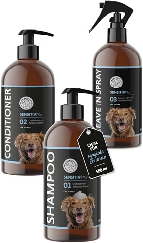 Annimally Sensitiv Plus Pflegeset - Natürliches Hundeshampoo, Conditioner & Leave-In Spray für Sensible Hunde & Welpen, ph-neutral, ohne Silikone, Parabene & künstliche Duftstoffe - je 500 ml