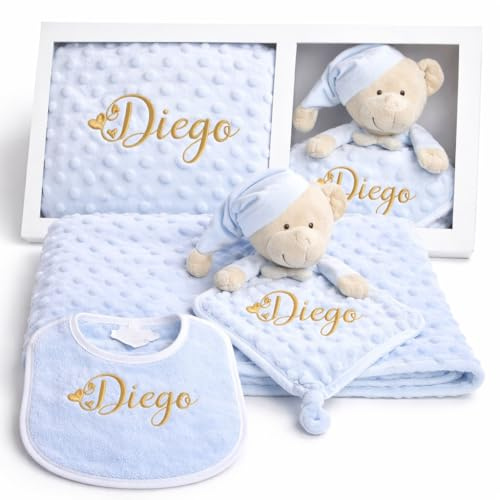 Danielstore Pack Manta Bebe Personalizada + Doudou Bordado + Babero Regalo Personalizado para Recien Nacido Niño o Niña Mantita Minky Suave 80x100cm Dou Dou 25x25 cm Cuna Coche