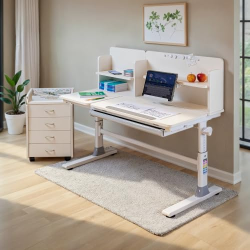 Inter Link - Kinderschreibtisch – Mitwachsender Jugendschreibtisch - Ergonomischer Schülerschreibtisch - Höhenverstellbar & neigbar – mit Schublade, Buchstütze & Ablagen – Weiß – Sören