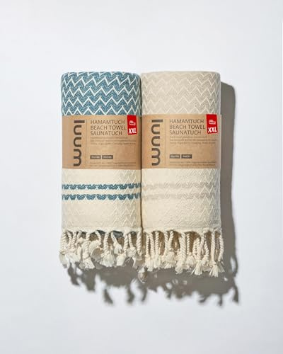 Luum Saunahandtuch Hamamtuch Strandtuch Picknickdecke Badetuch Reisehandtuch Saunatuch Saunakilt Damen Herren, Premium Baumwolle, kompakt, leicht, schnelltrocknend, Petrol/Beige, 90x180, 2-Set