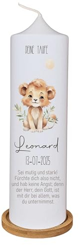 Taufkerze Löwe - Leonard- Personalisierte Taufkerze für Mädchen und Jungen, Naturfarben, mit Name Datum und Spruch
