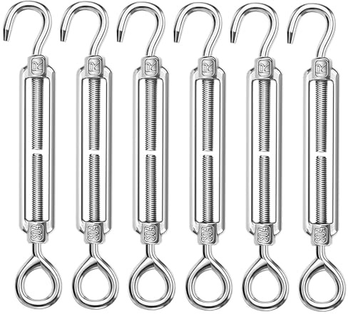 ANOMM 6PCS M6 Turnbuckle Wire Tensioner, 304 Stainless Steel Adjustable Turnbuckle Hook, Eye Rope Cable Tension, Heavy Duty Sun Shade Sail Fixing for Rope Tightener, Garden Wire, ClotheslineTensioner